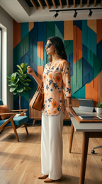 Elegant Peach Floral Short Kurta & Wide-Leg White Palazzo Set