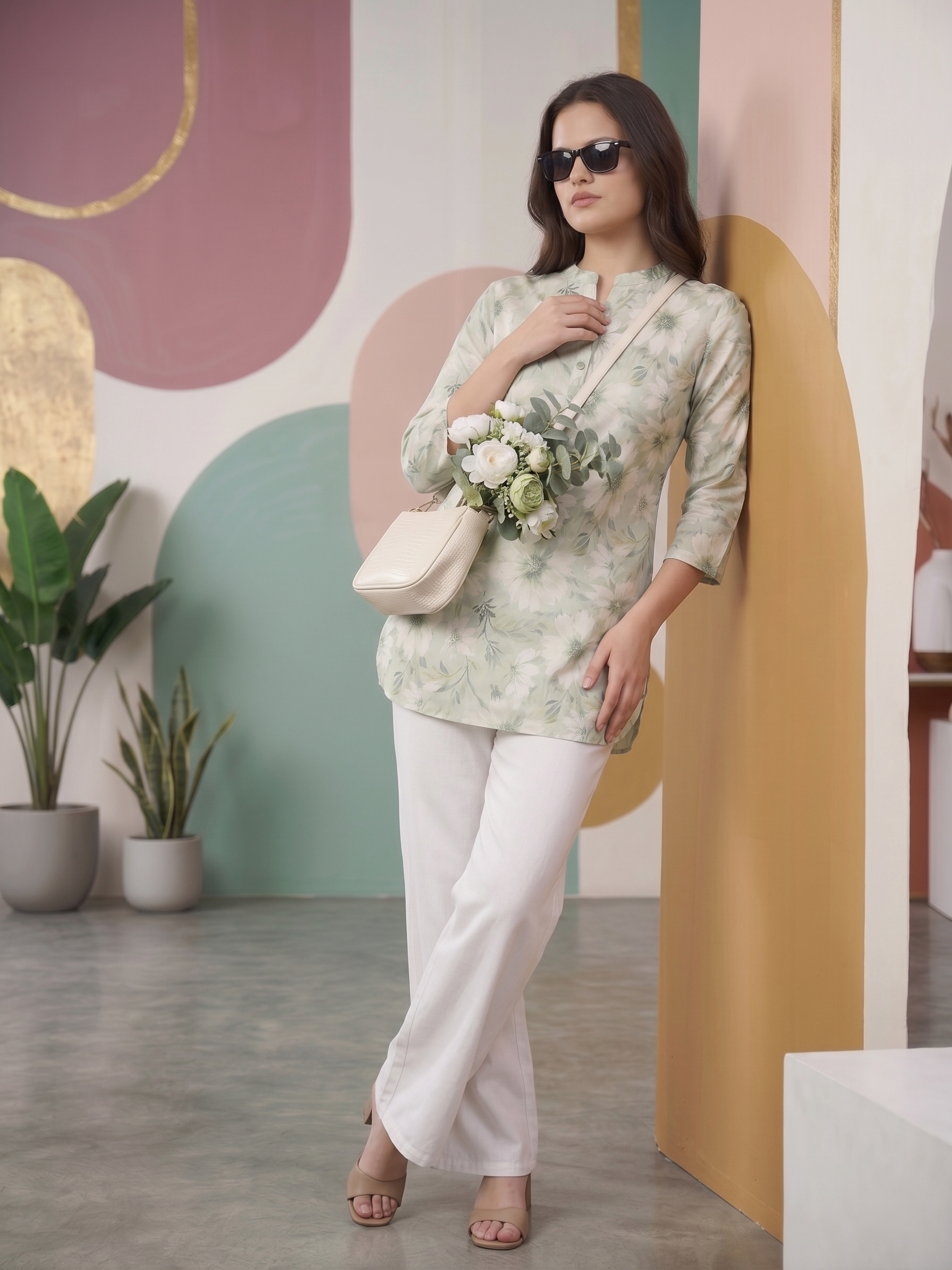 Trendy Green Floral Kurti with White Palazzo Pants - Stylish Office & Daily Wear Set