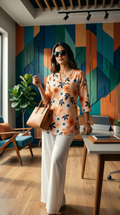 Elegant Peach Floral Short Kurta & Wide-Leg White Palazzo Set