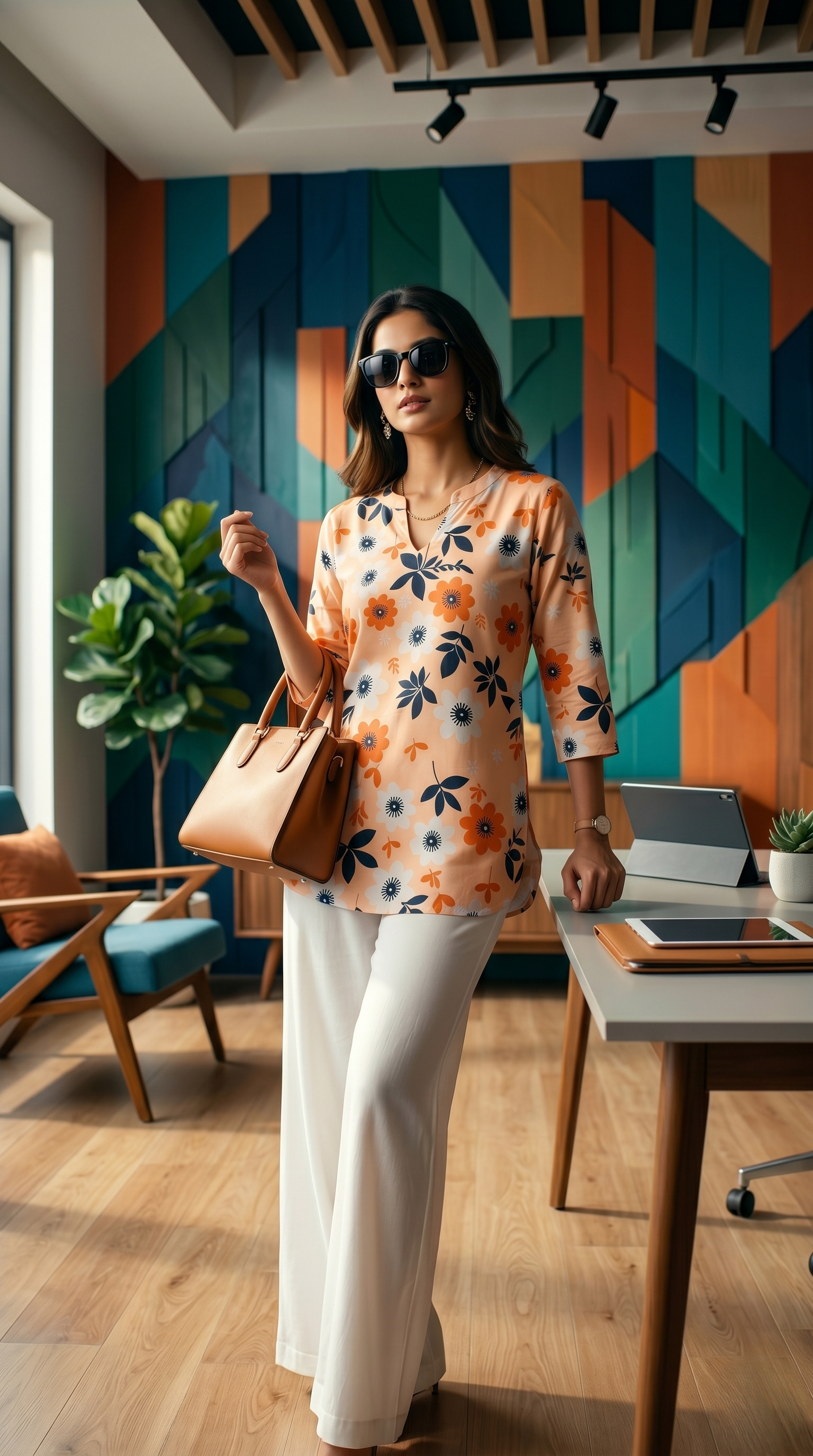 Elegant Peach Floral Short Kurta & Wide-Leg White Palazzo Set