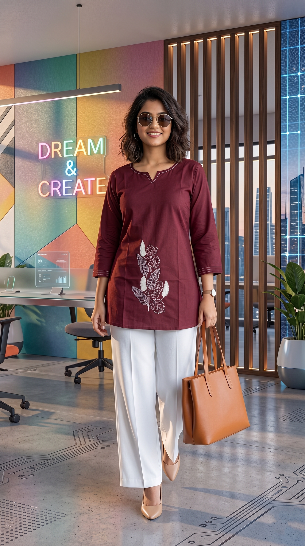 Modern Short Kurta Top and Wide-Leg Palazzo Set for Women | Minimalist Pleat-Effect Office Wear - Maroon