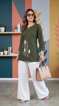 Moonpalav Elegant Mehndi Green Tunic Top & White Palazzo Set | Comfortable Office Wear