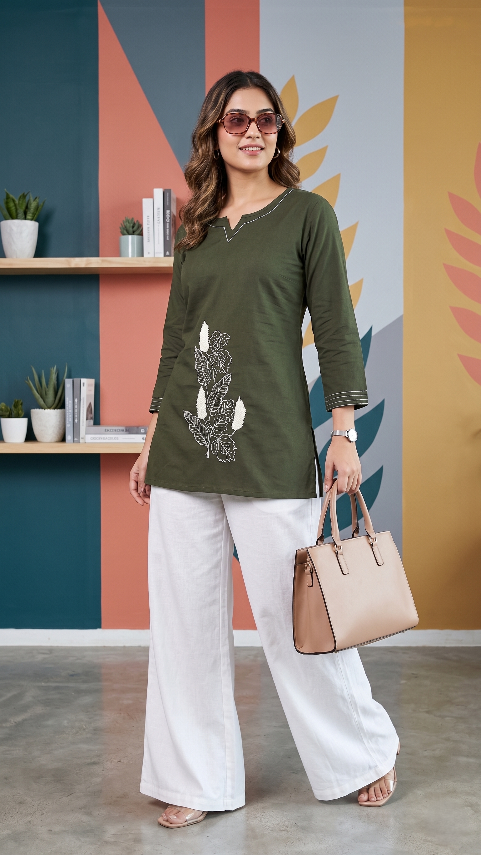 Moonpalav Elegant Mehndi Green Tunic Top & White Palazzo Set | Comfortable Office Wear
