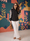 Elegant Black Shirt & White Palazzo Co-ord Set | Statement Sleeve Office Wear for Women