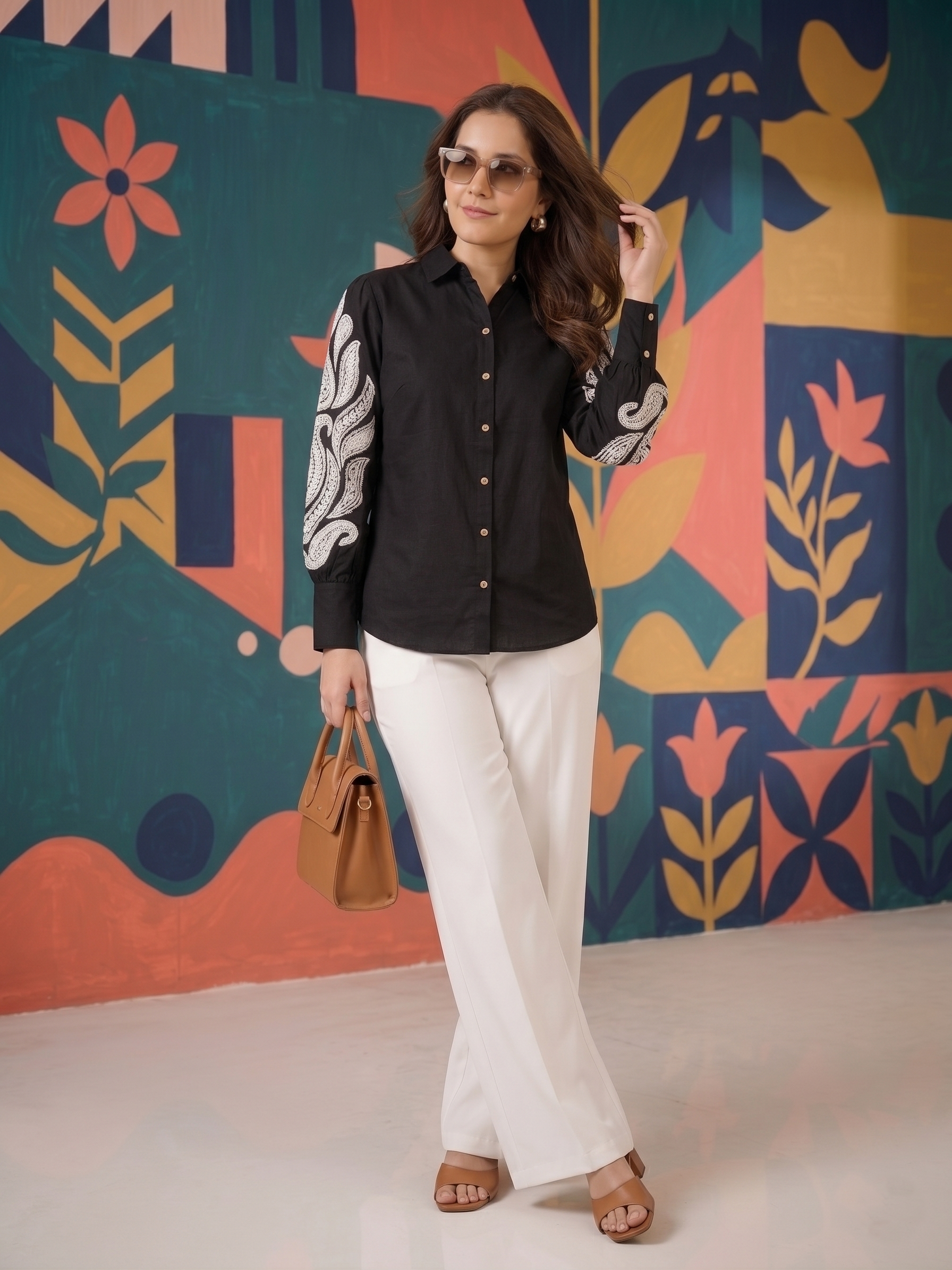 Elegant Black Shirt & White Palazzo Co-ord Set | Statement Sleeve Office Wear for Women
