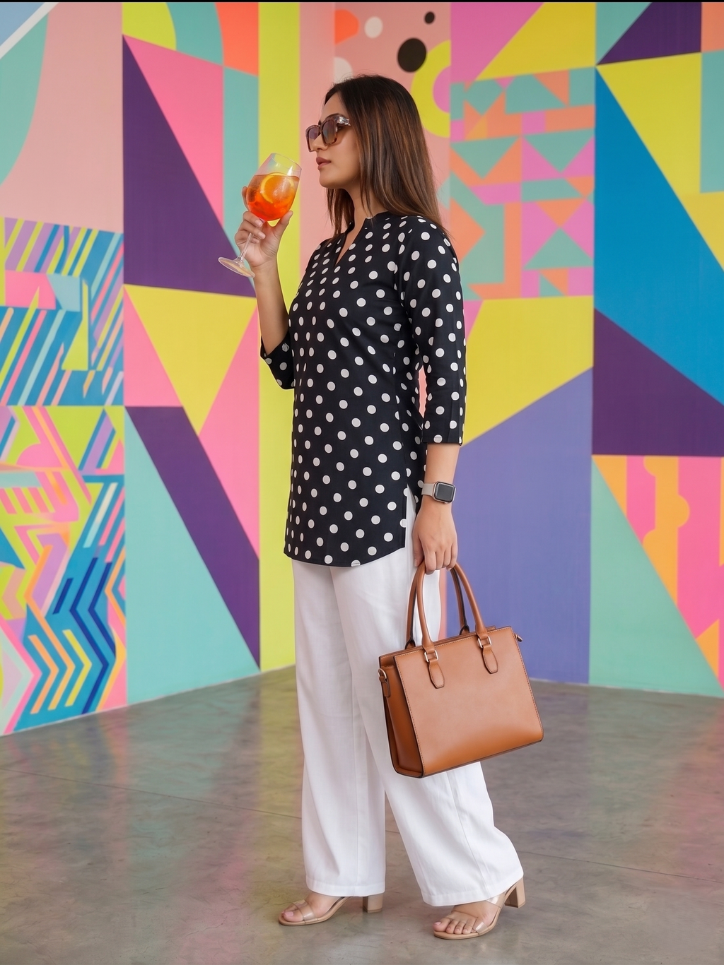 Black and White Polka Dot Tunic & Wide-Leg Palazzo Pants Set | Comfort-Fit Women's V-Neck Co-ord for Office & Casual Wear