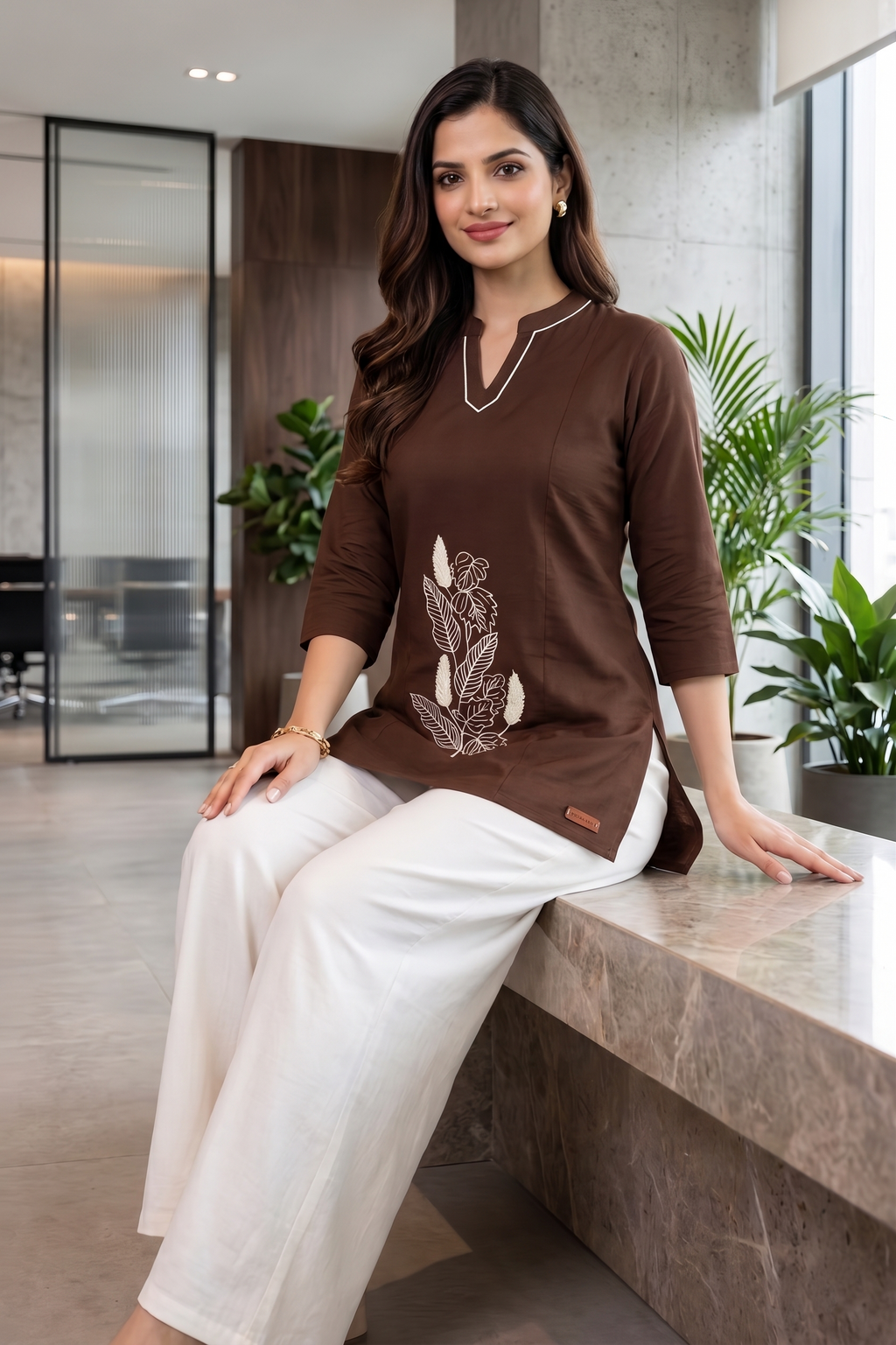 Mocha Brown Botanical Embroidered Tunic with White Palazzo
