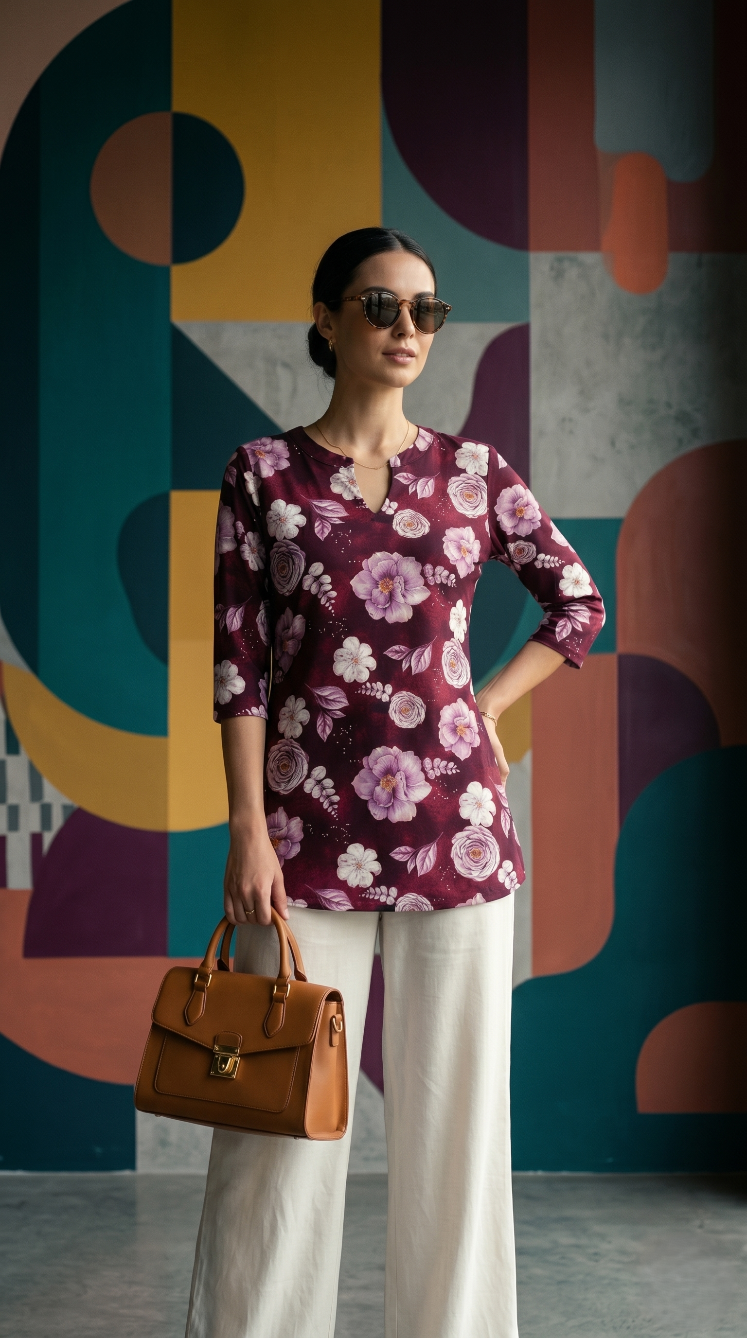 Moonpalav Bold Floral Short Top & White Palazzo Set
