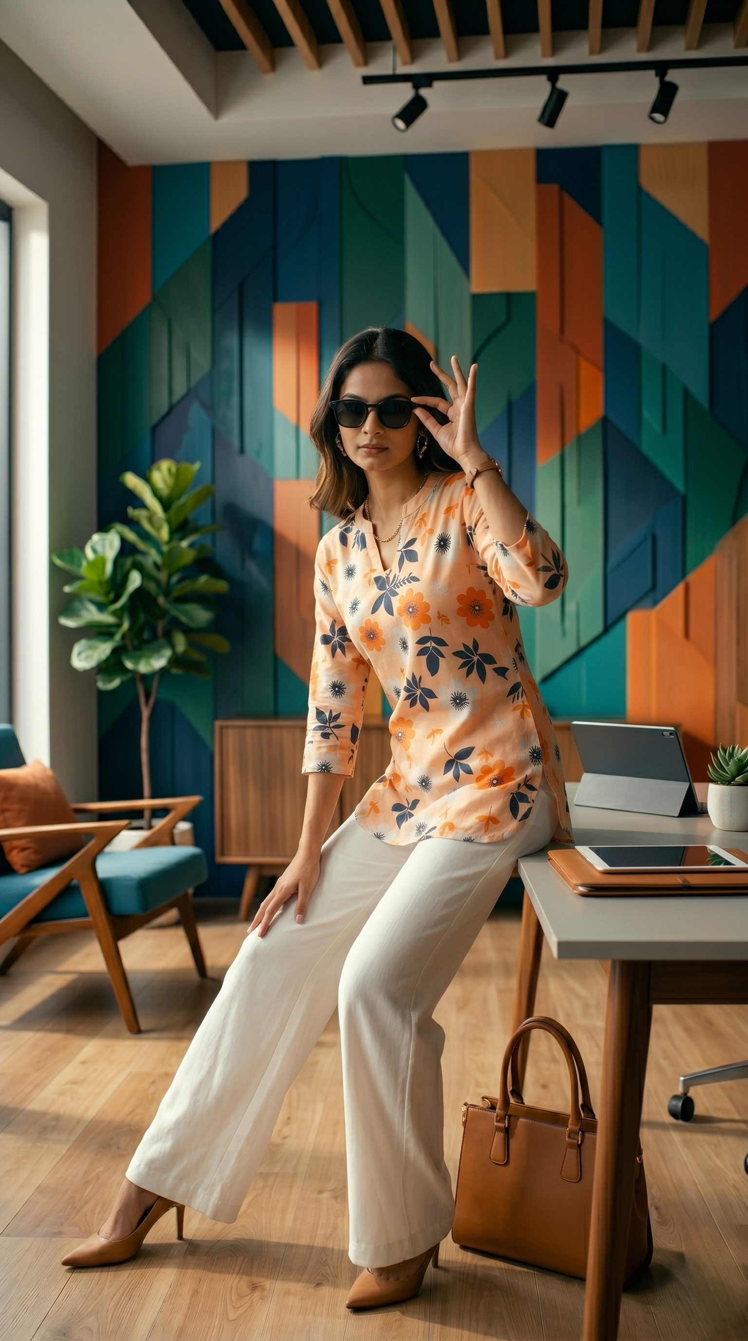 Elegant Peach Floral Short Kurta & Wide-Leg White Palazzo Set