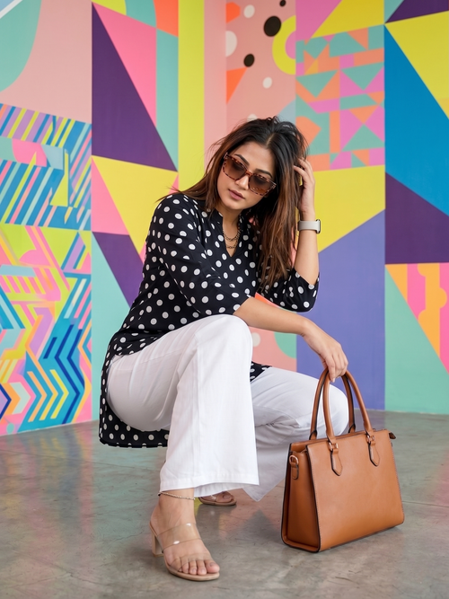 Black and White Polka Dot Tunic & Wide-Leg Palazzo Pants Set | Comfort-Fit Women's V-Neck Co-ord for Office & Casual Wear