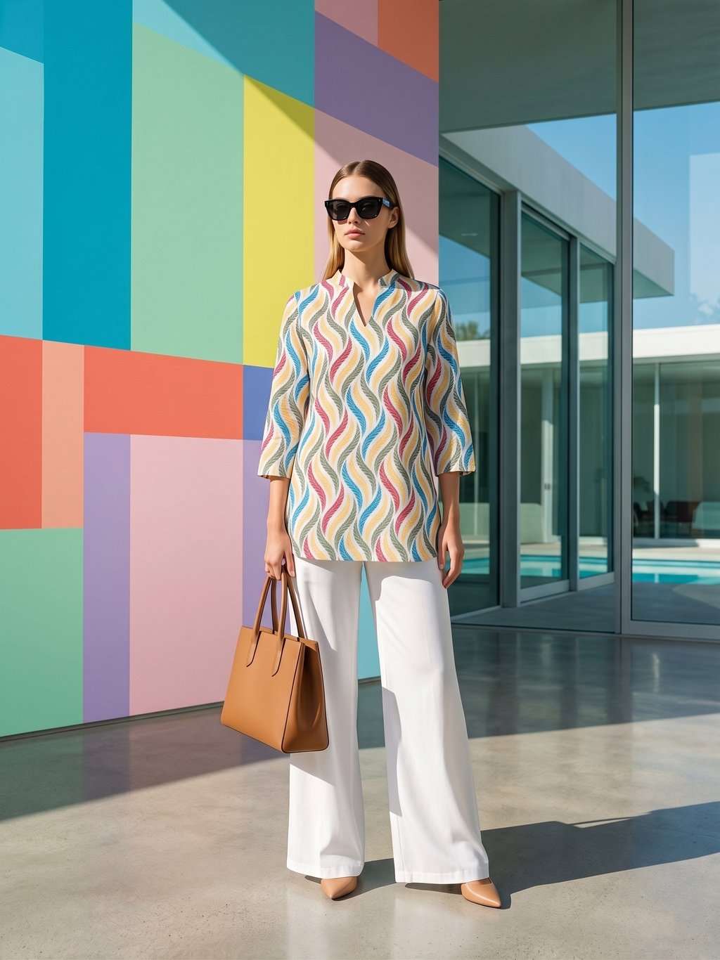 Women's Trendy Wavy Print Tunic & White Palazzo Set for Office Wear