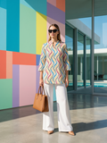 Women's Trendy Wavy Print Tunic & White Palazzo Set for Office Wear