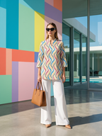 Women's Trendy Wavy Print Tunic & White Palazzo Set for Office Wear