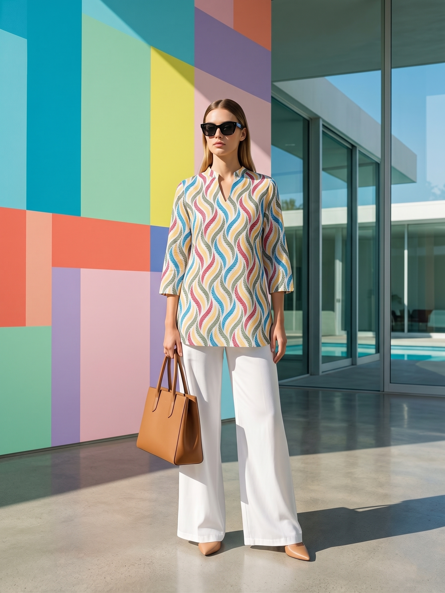 Women's Trendy Wavy Print Tunic & White Palazzo Set for Office Wear