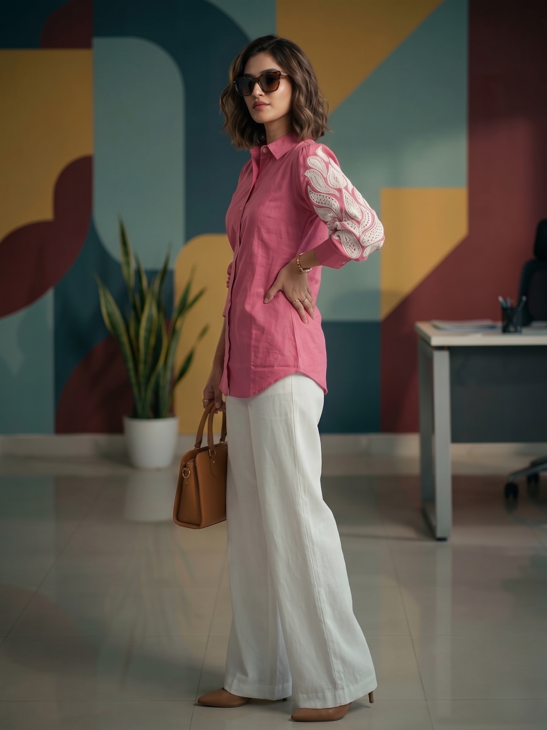 Moonpalav Pink & White Paisley Embroidered Co-ord Set: Fusion Top & Wide-Leg Palazzo