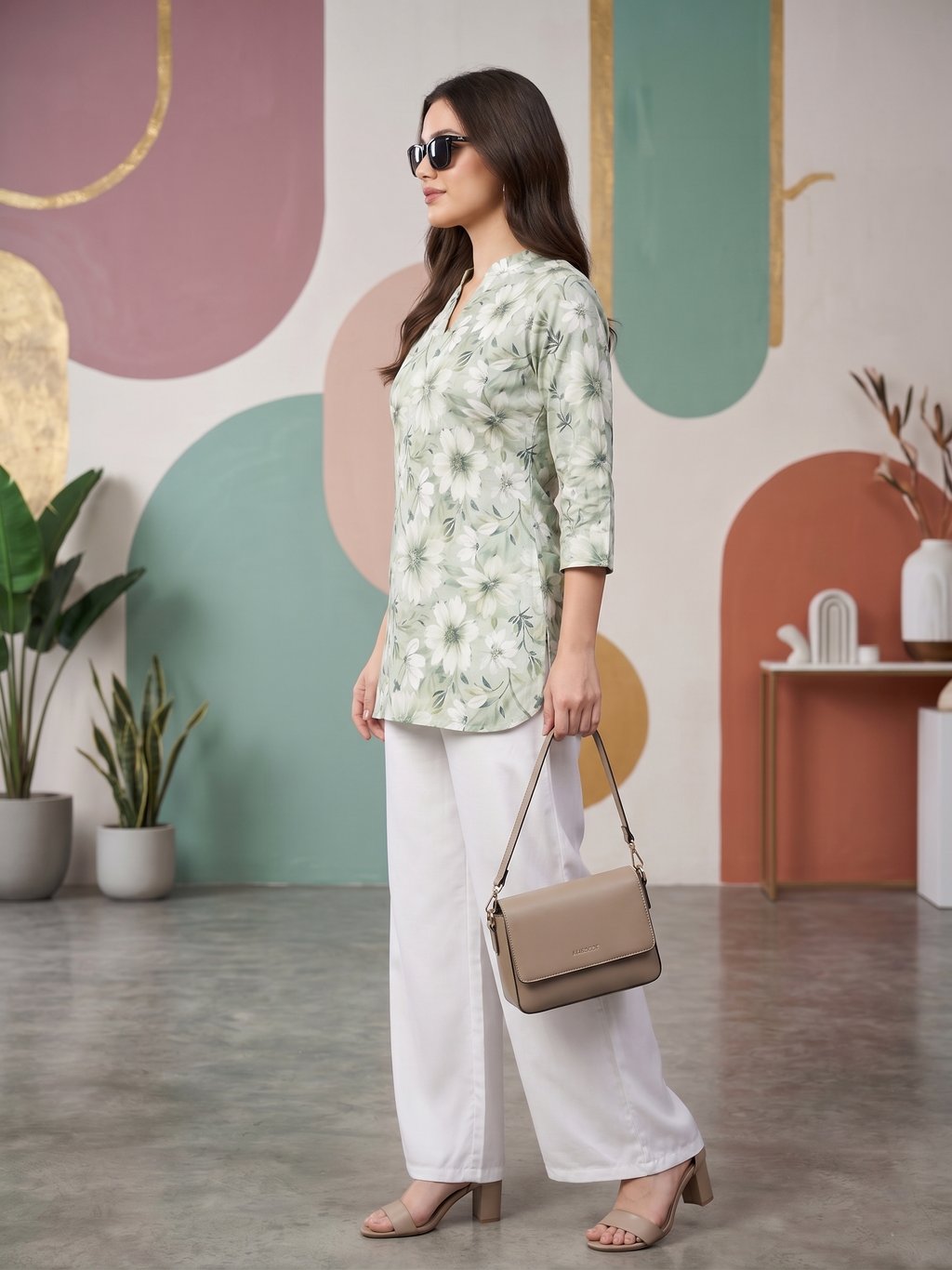 Trendy Green Floral Kurti with White Palazzo Pants - Stylish Office & Daily Wear Set