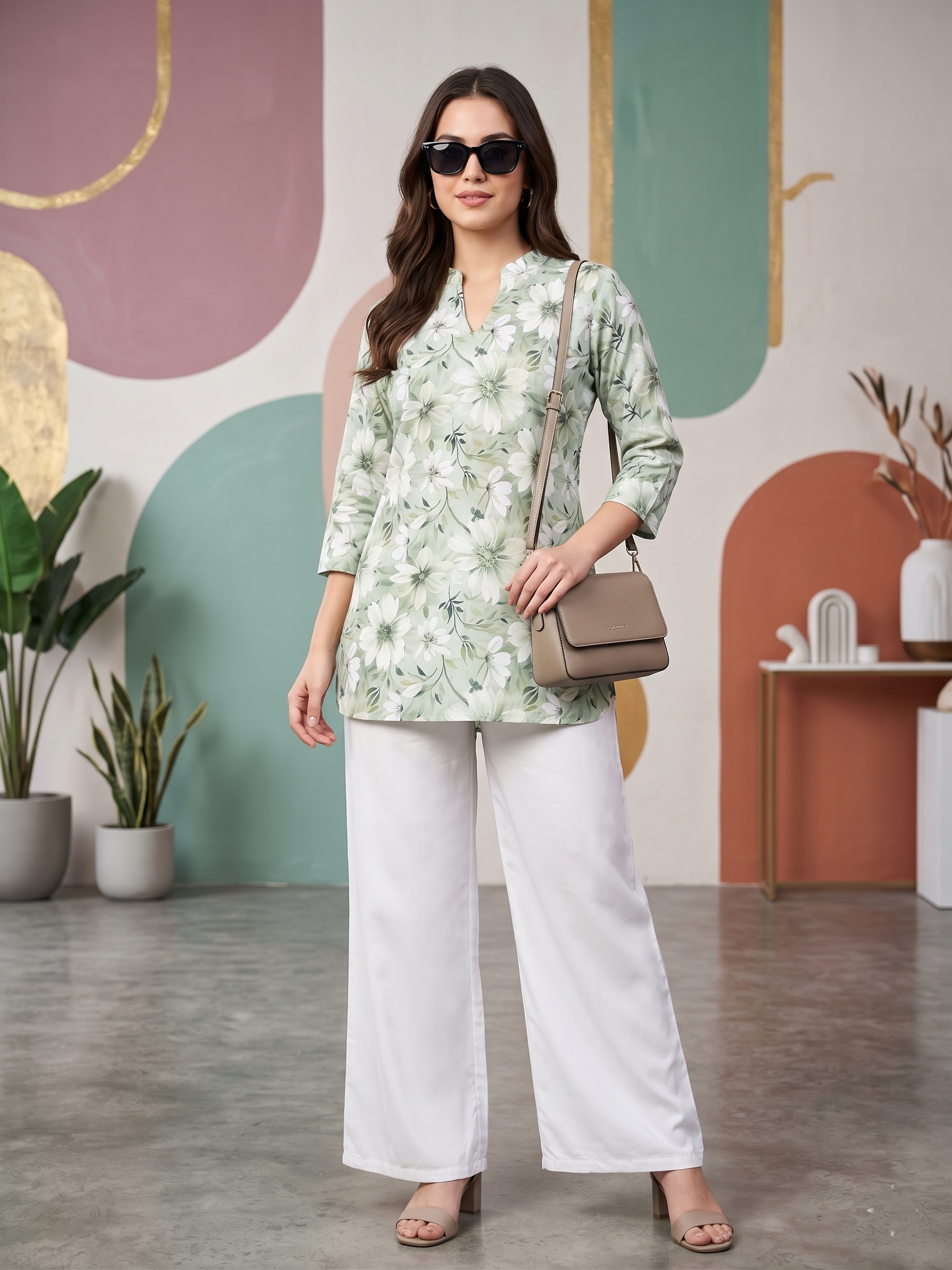 Trendy Green Floral Kurti with White Palazzo Pants - Stylish Office & Daily Wear Set