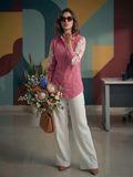Moonpalav Pink & White Paisley Embroidered Co-ord Set: Fusion Top & Wide-Leg Palazzo