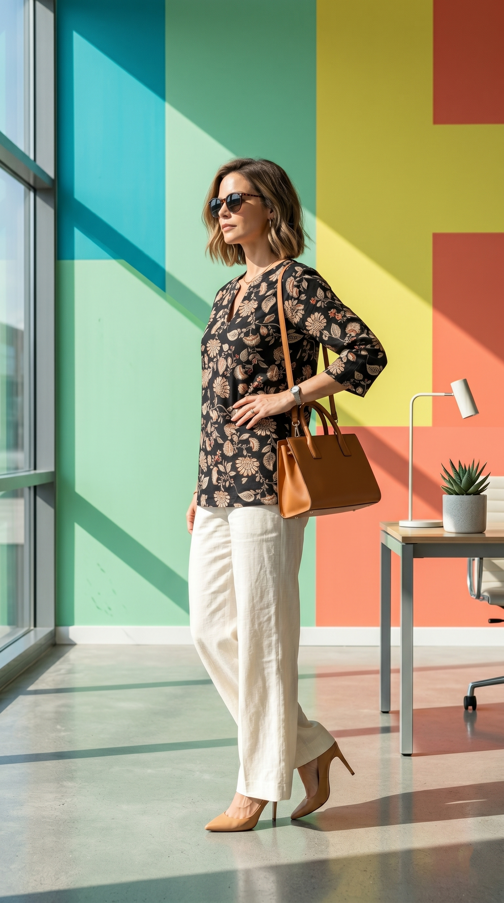 Moonpalav Black Floral Short Top & Beige Palazzo Set