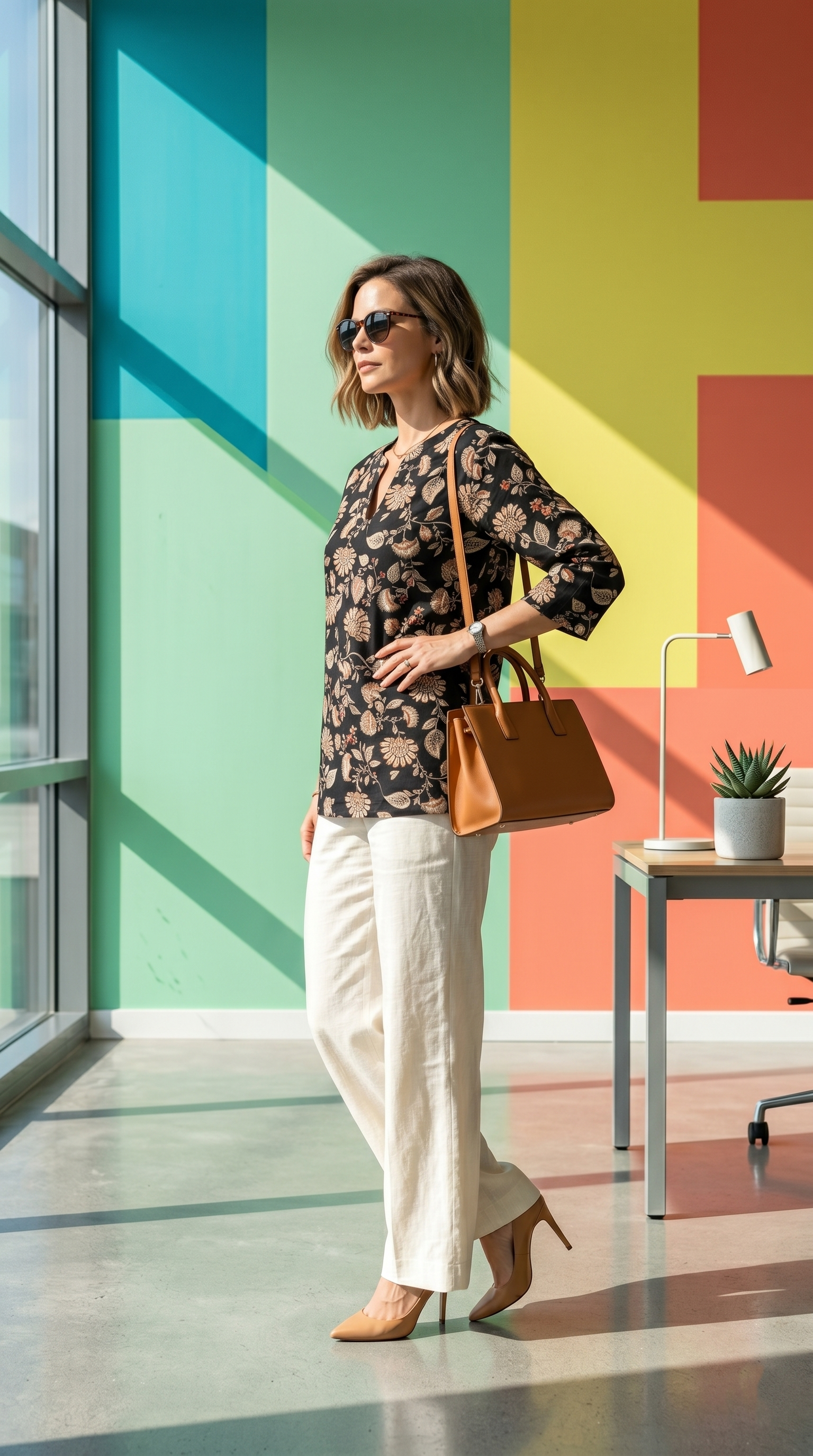 Moonpalav Black Floral Short Top & Beige Palazzo Set