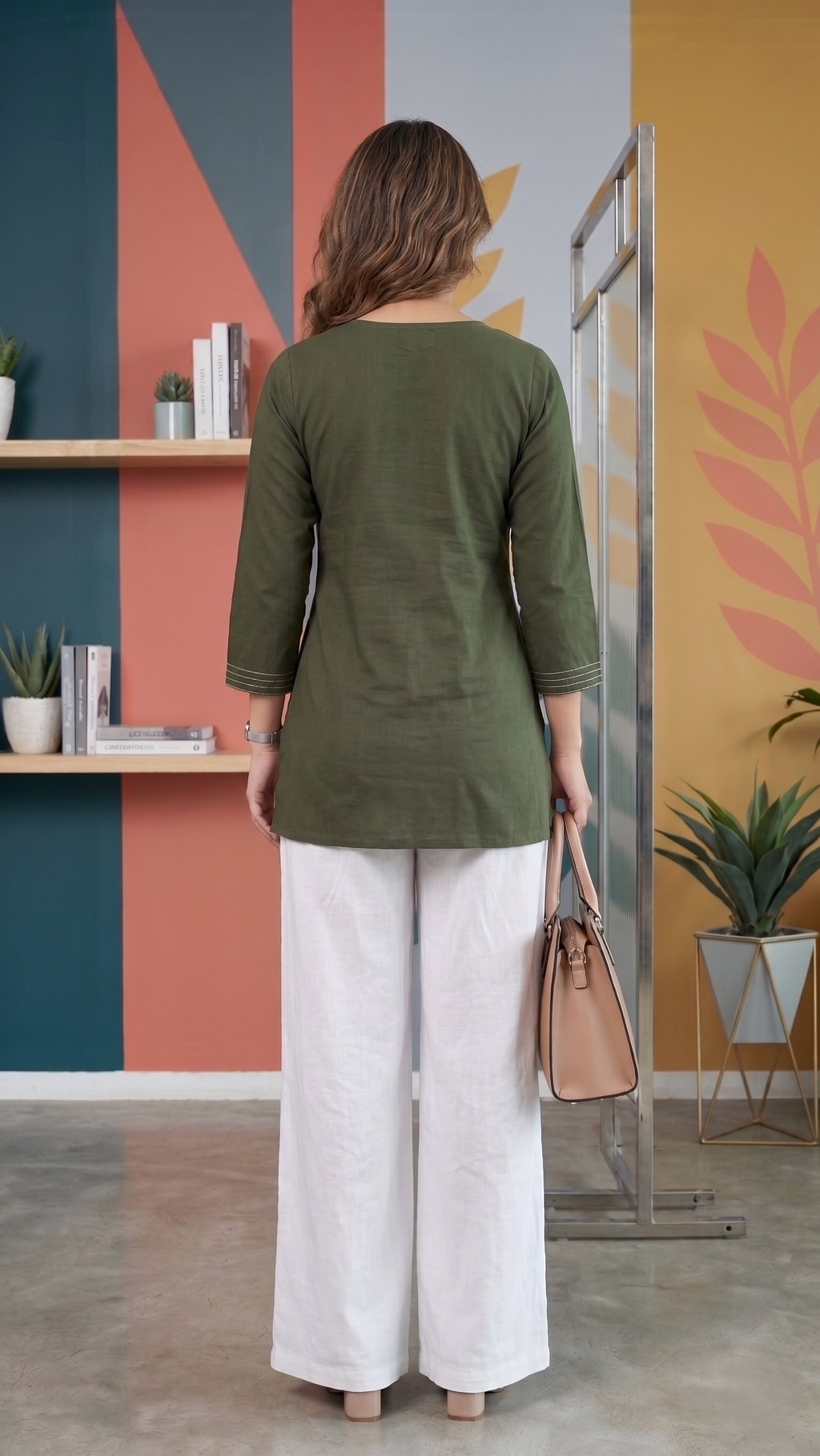 Moonpalav Elegant Mehndi Green Tunic Top & White Palazzo Set | Comfortable Office Wear