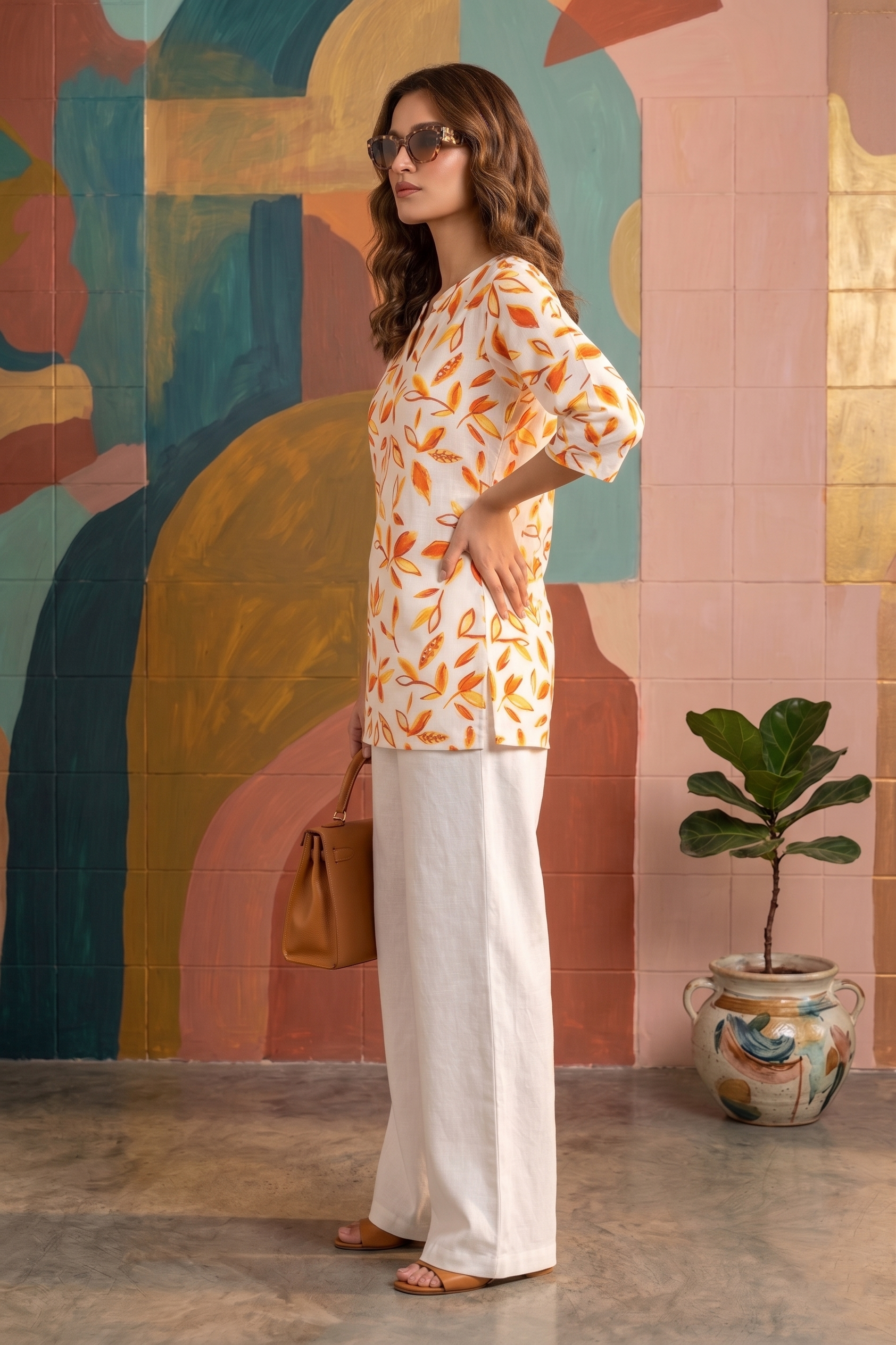 White & Orange Leaf Print Top with Palazzo Set