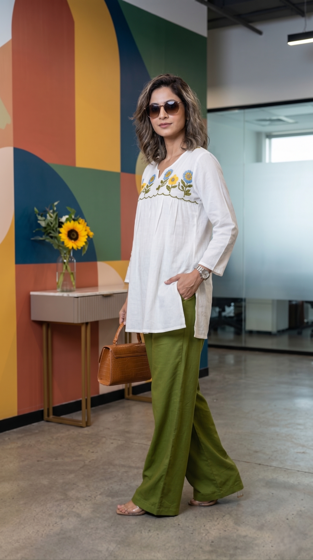 Women's White Floral Tunic Top with Solid Green Palazzo Pants
