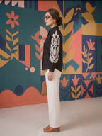 Elegant Black Shirt & White Palazzo Co-ord Set | Statement Sleeve Office Wear for Women