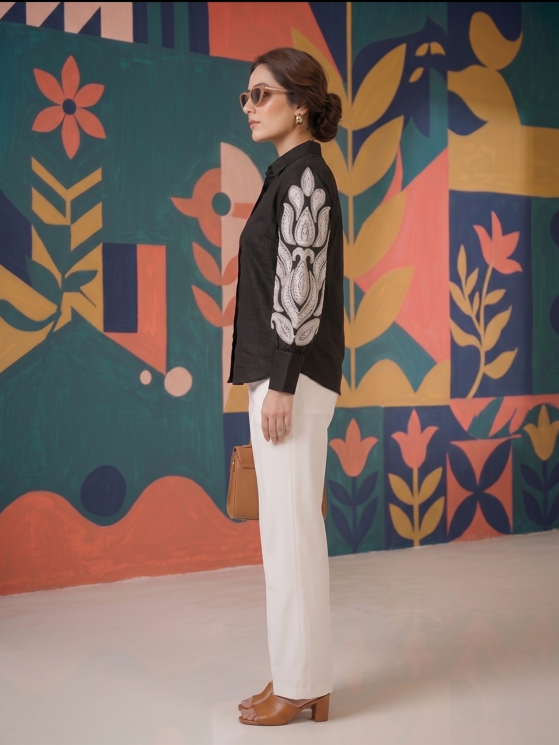 Elegant Black Shirt & White Palazzo Co-ord Set | Statement Sleeve Office Wear for Women