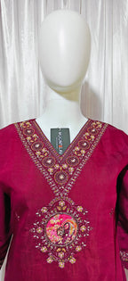 Moonpalav Deep Wine Embroidered Silk Kurta Set with Zari Border Dupatta