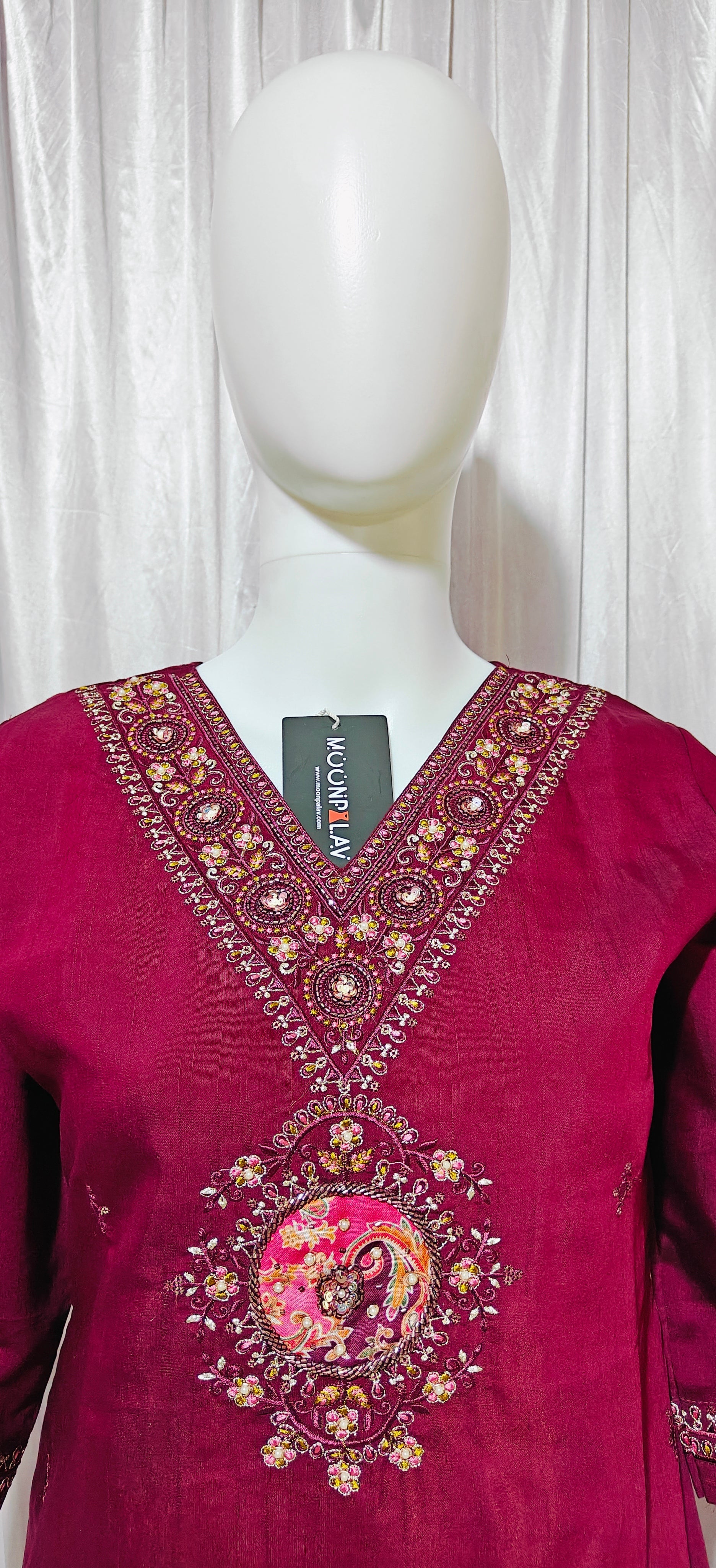Moonpalav Deep Wine Embroidered Silk Kurta Set with Zari Border Dupatta