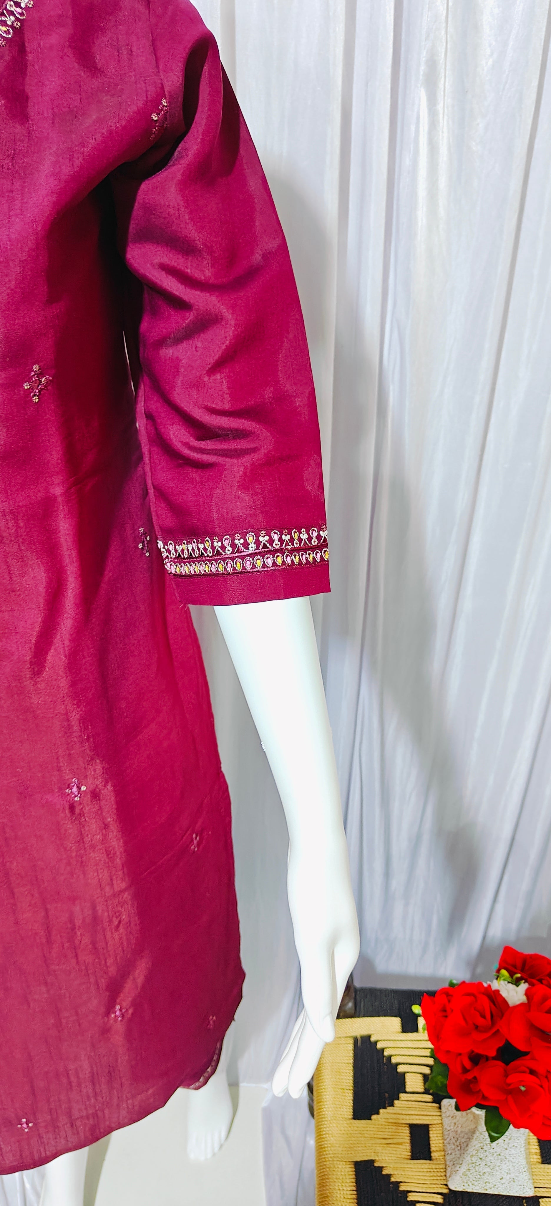 Moonpalav Deep Wine Embroidered Silk Kurta Set with Zari Border Dupatta