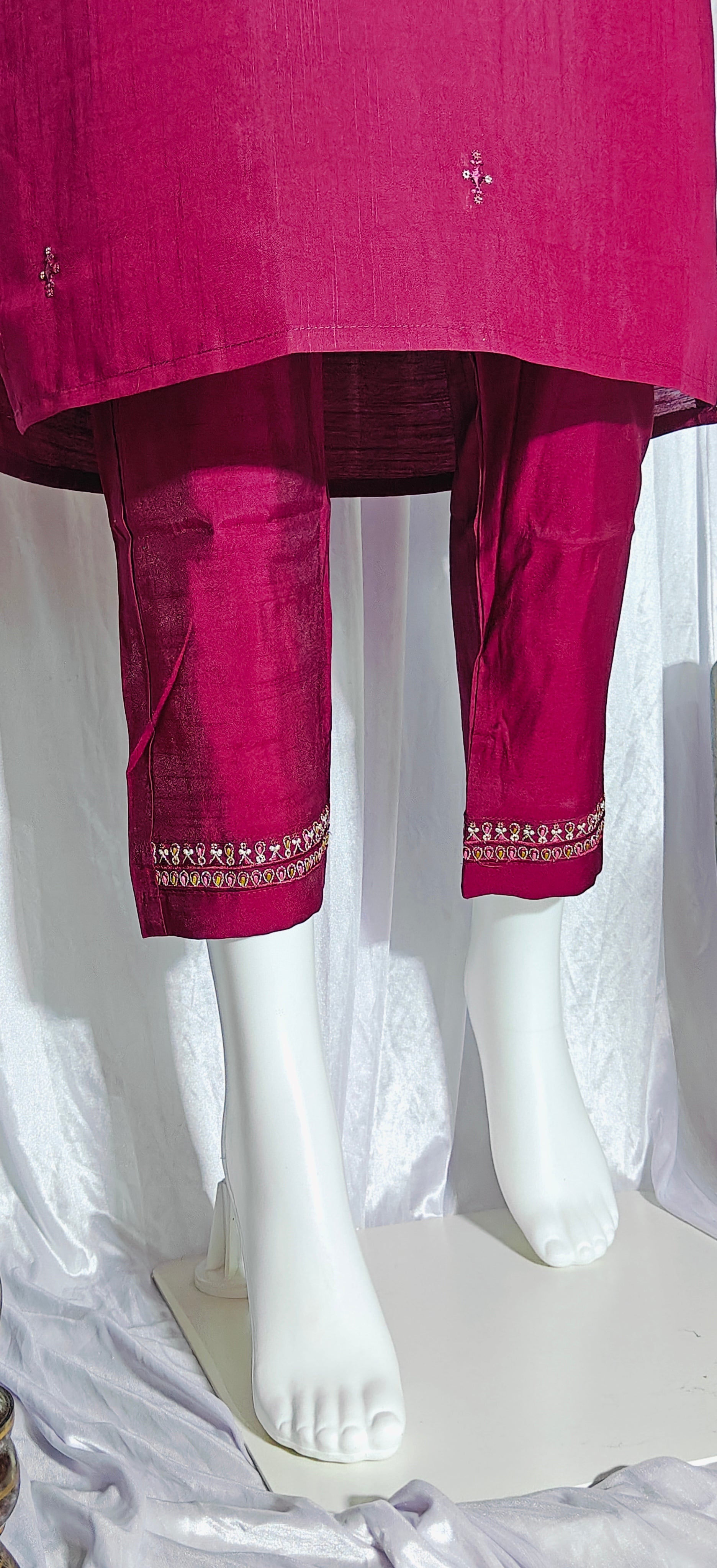 Moonpalav Deep Wine Embroidered Silk Kurta Set with Zari Border Dupatta