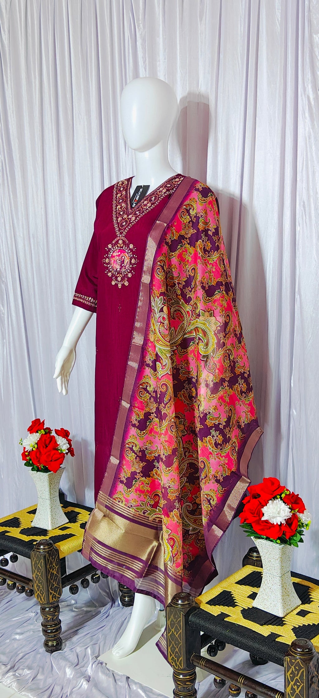 Moonpalav Deep Wine Embroidered Silk Kurta Set with Zari Border Dupatta