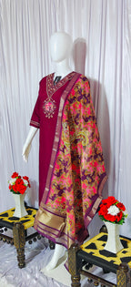 Moonpalav Deep Wine Embroidered Silk Kurta Set with Zari Border Dupatta