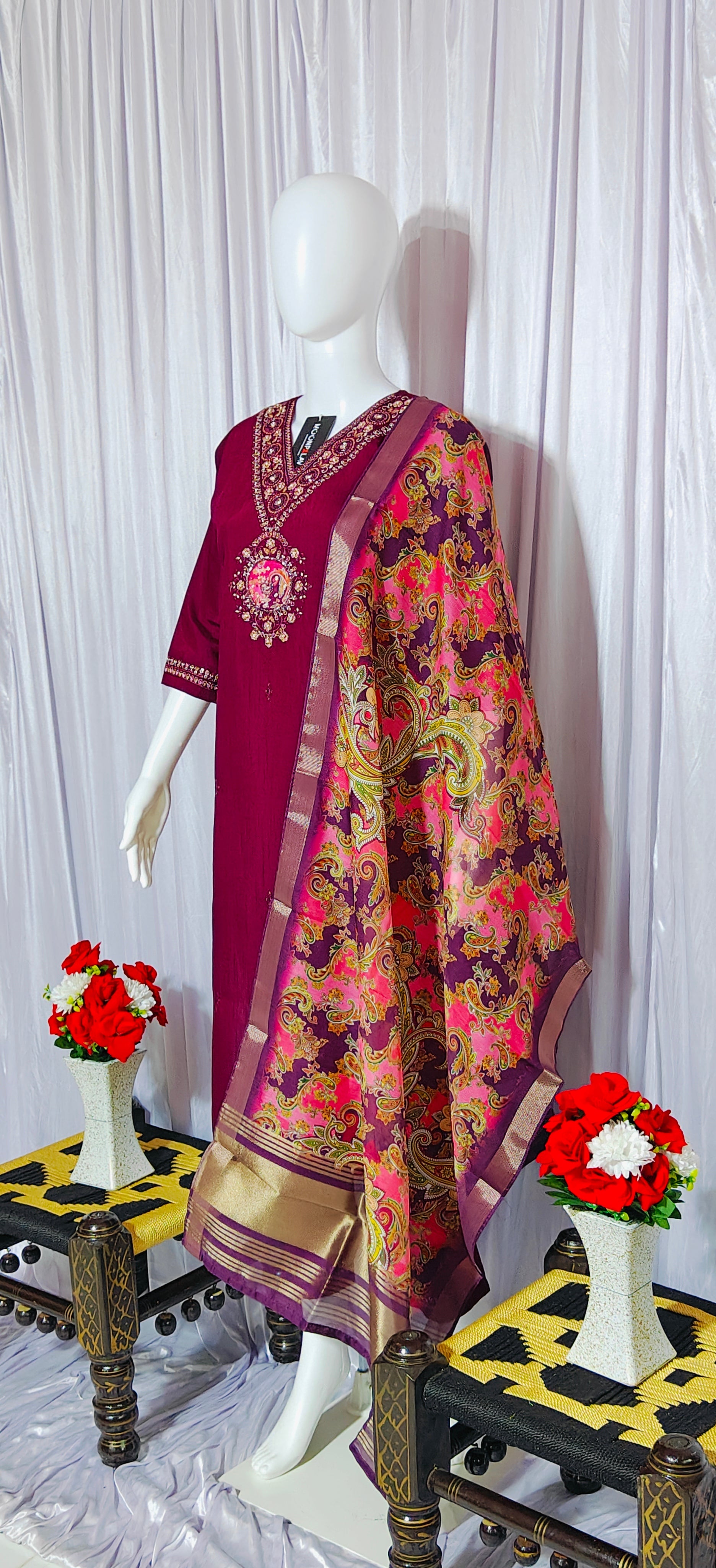 Moonpalav Deep Wine Embroidered Silk Kurta Set with Zari Border Dupatta