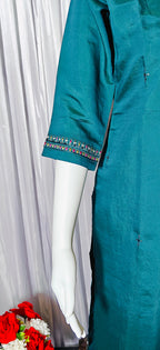 Moonpalav Teal Green Embroidered Silk Kurta Set with Zari Border Dupatta