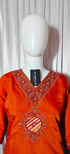 Moonpalav Vibrant Orange Embroidered Silk Kurta Set with Zari Border Dupatta