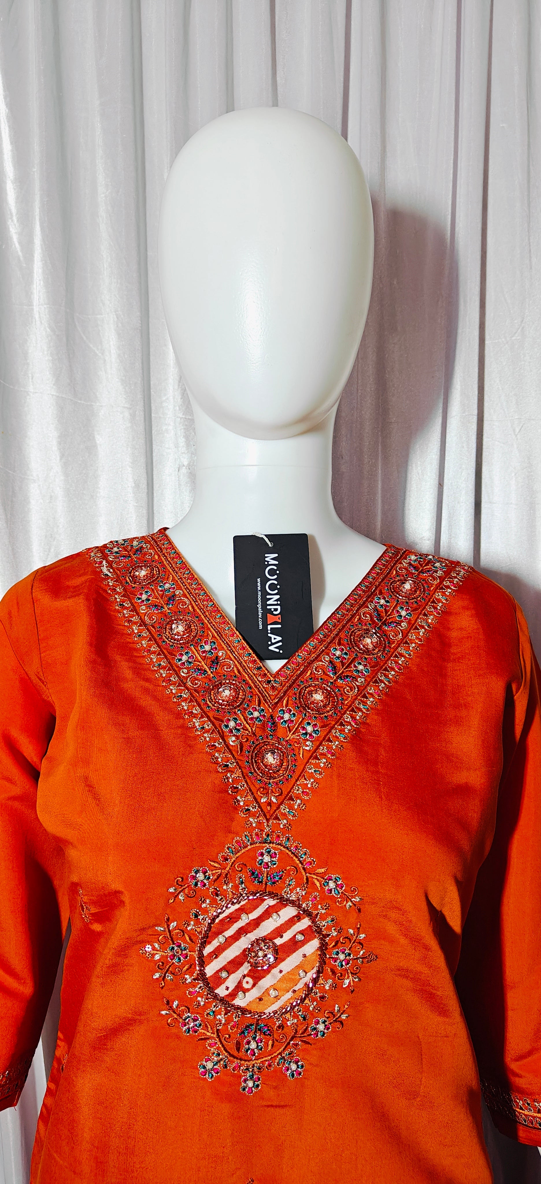 Moonpalav Vibrant Orange Embroidered Silk Kurta Set with Zari Border Dupatta