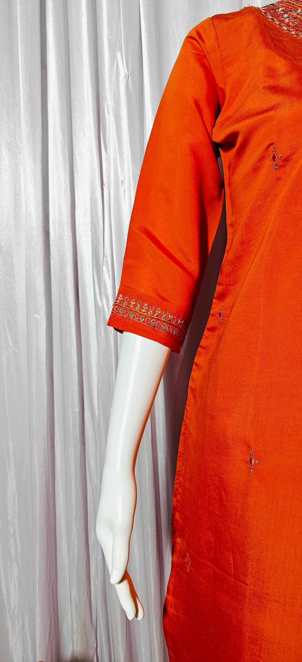 Moonpalav Vibrant Orange Embroidered Silk Kurta Set with Zari Border Dupatta