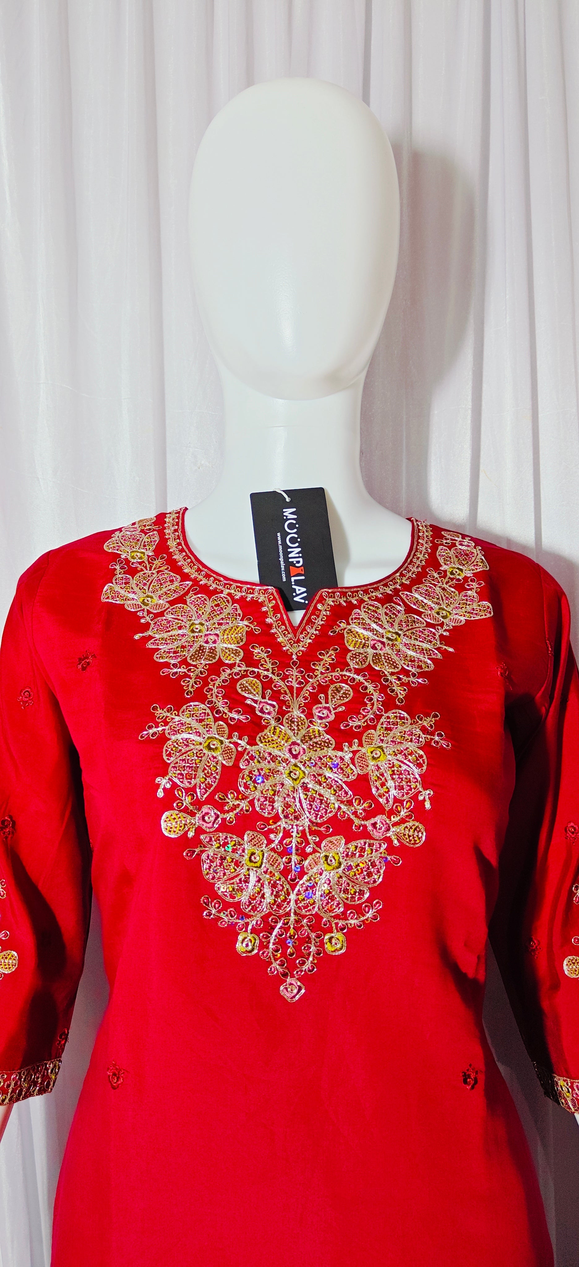 Moonpalav Majestic Maroon Roman Silk Sequinned Kurta Set with Jacquard Dupatta