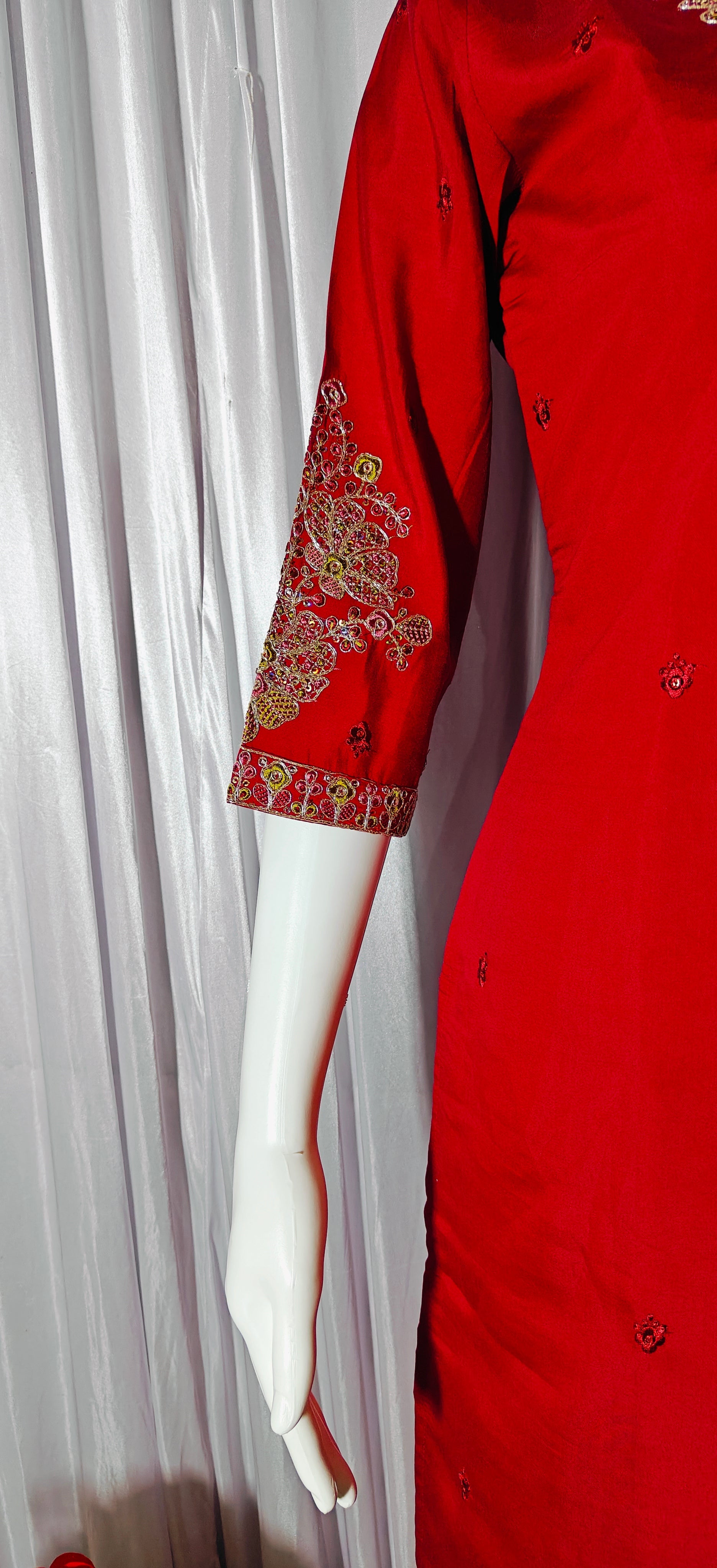 Moonpalav Majestic Maroon Roman Silk Sequinned Kurta Set with Jacquard Dupatta