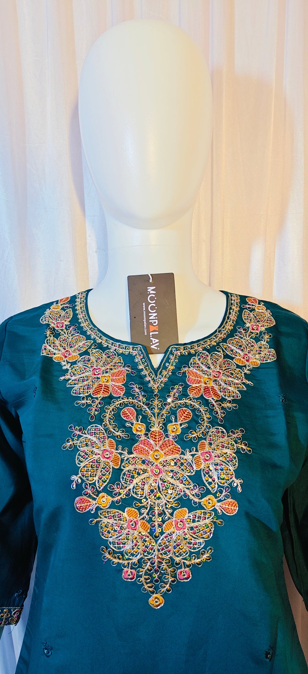 Moonpalav Bottle Green Roman Silk Sequinned Kurta Set with Jacquard Dupatta