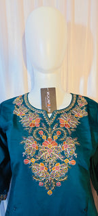 Moonpalav Bottle Green Roman Silk Sequinned Kurta Set with Jacquard Dupatta