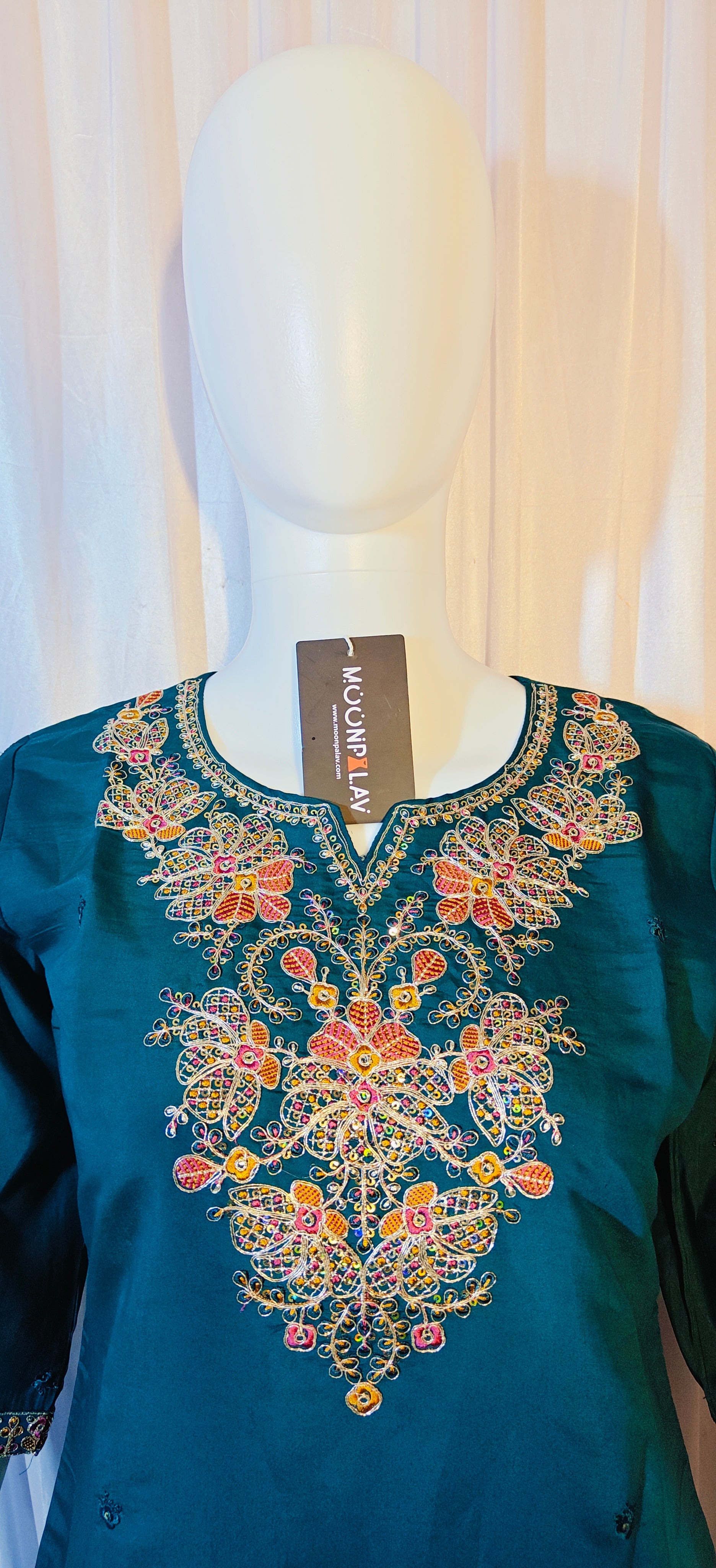 Moonpalav Bottle Green Roman Silk Sequinned Kurta Set with Jacquard Dupatta