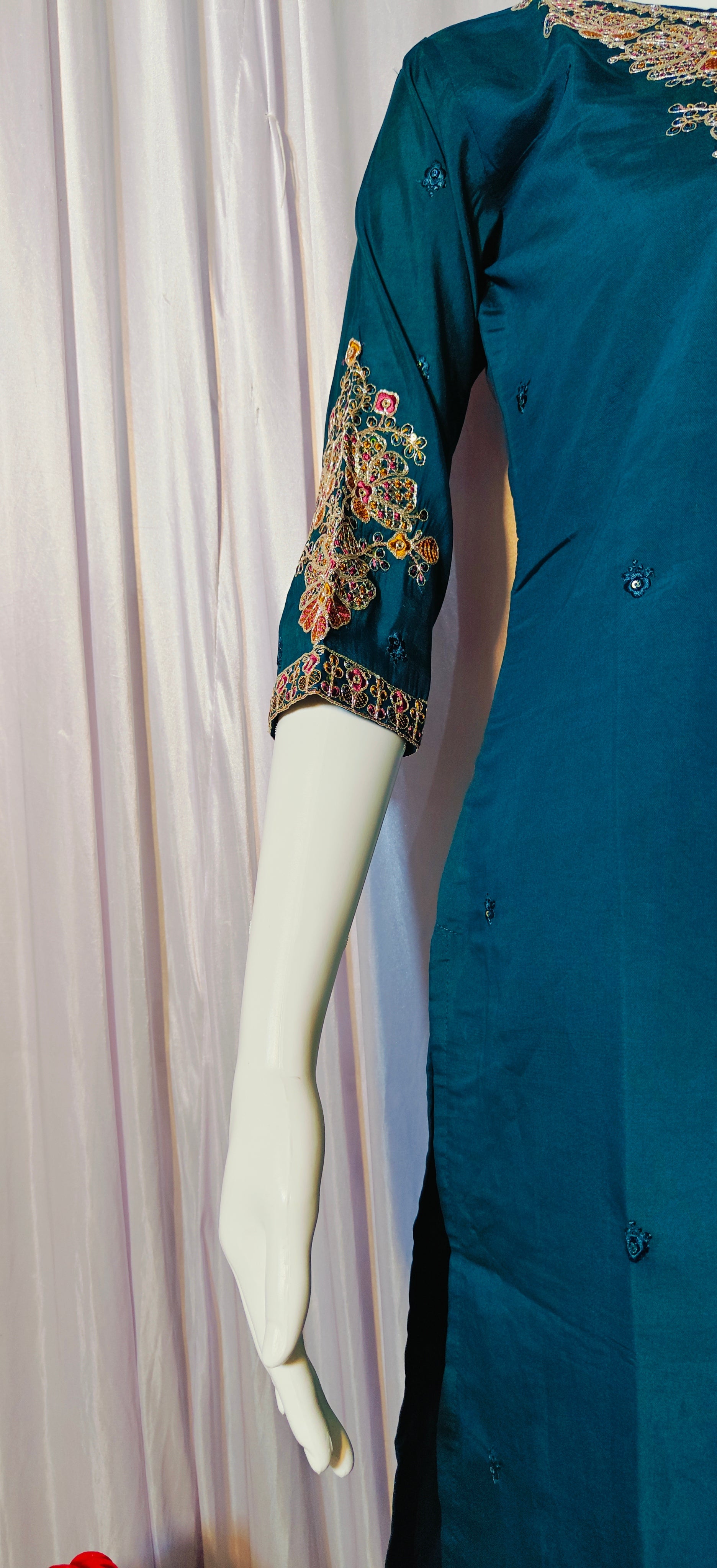 Moonpalav Bottle Green Roman Silk Sequinned Kurta Set with Jacquard Dupatta