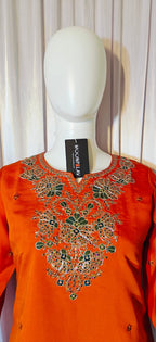 Moonpalav Vibrant Orange Roman Silk Sequinned Kurta Set with Jacquard Dupatta