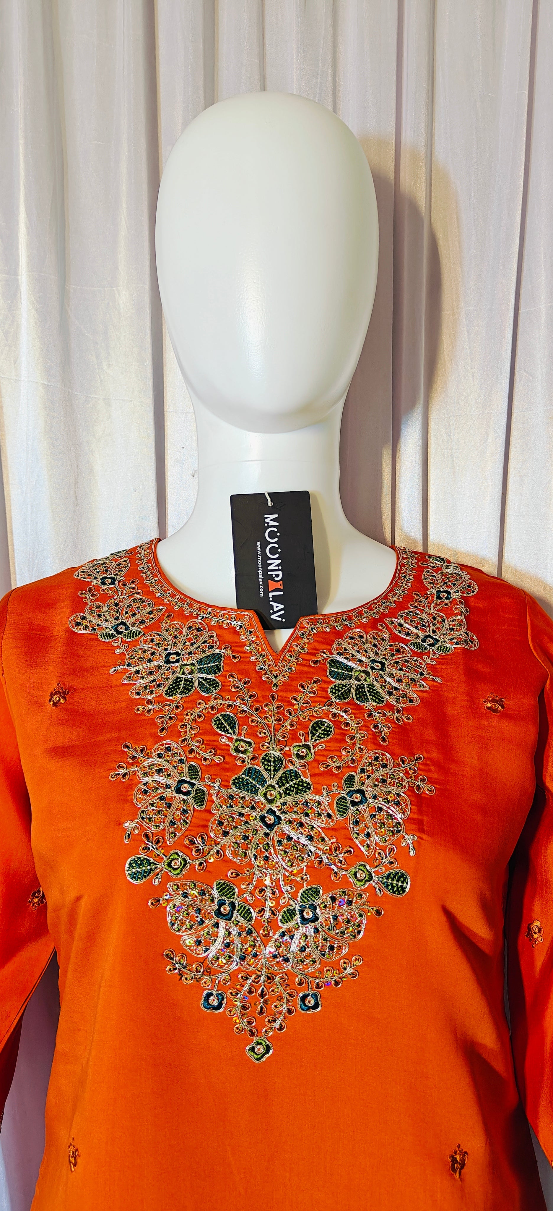 Moonpalav Vibrant Orange Roman Silk Sequinned Kurta Set with Jacquard Dupatta