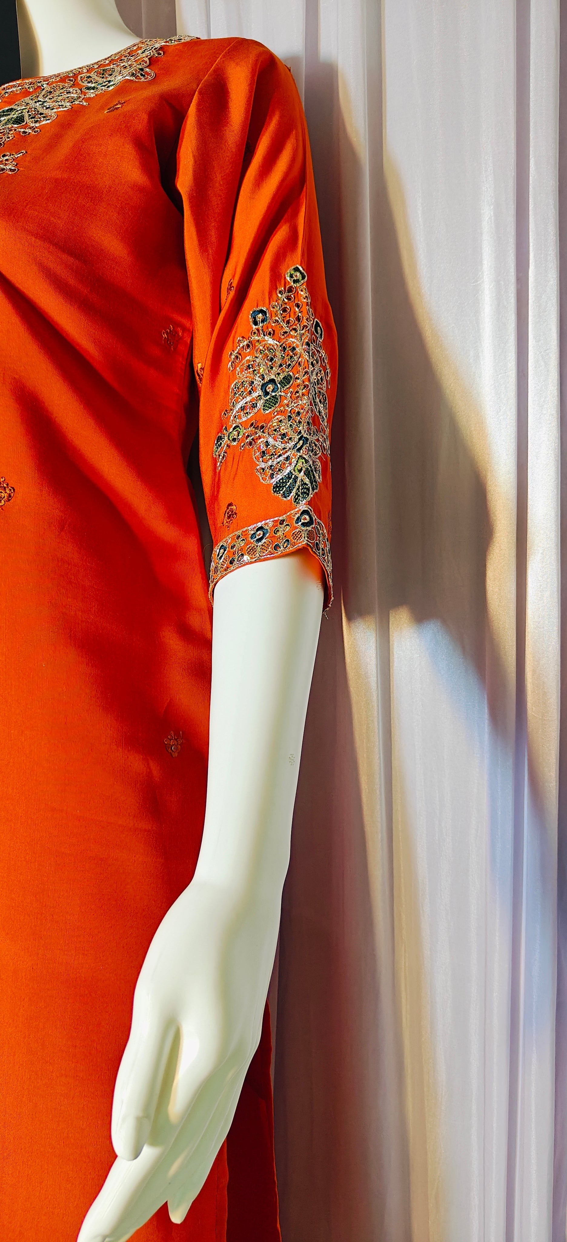Moonpalav Vibrant Orange Roman Silk Sequinned Kurta Set with Jacquard Dupatta