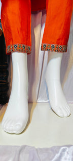 Moonpalav Vibrant Orange Roman Silk Sequinned Kurta Set with Jacquard Dupatta